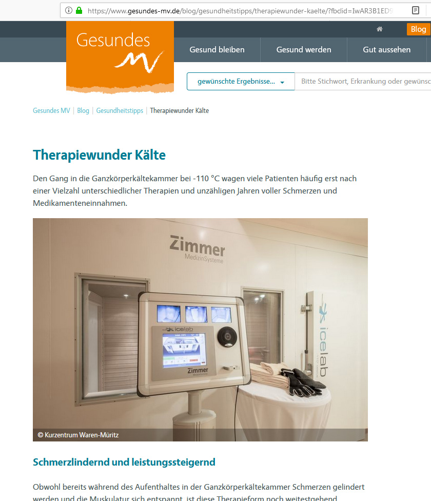 Blogbeitrag Ganzkörperkältetherapie aus dem Kurzentrum Waren (Müritz) auf gesundes-mv.de